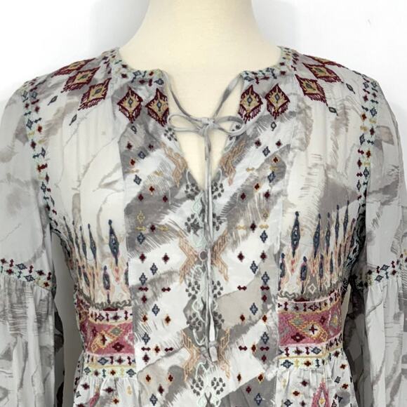 Johnny Was Deliza Silk Embroidered Long Sleeve Tunic Top Blouse Gray Boho XS - Picture 3 of 13